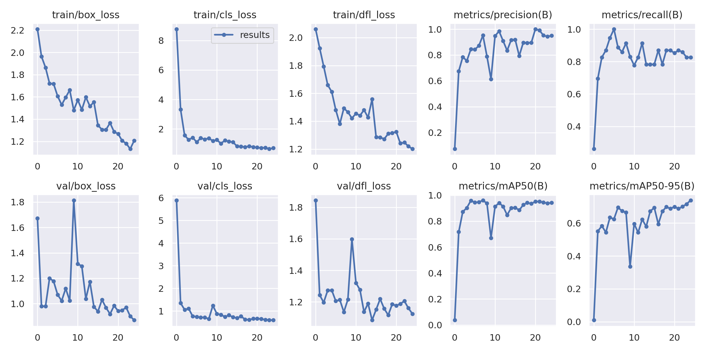 Training history over 25 epochs: losses, precision, recall, and mAP.